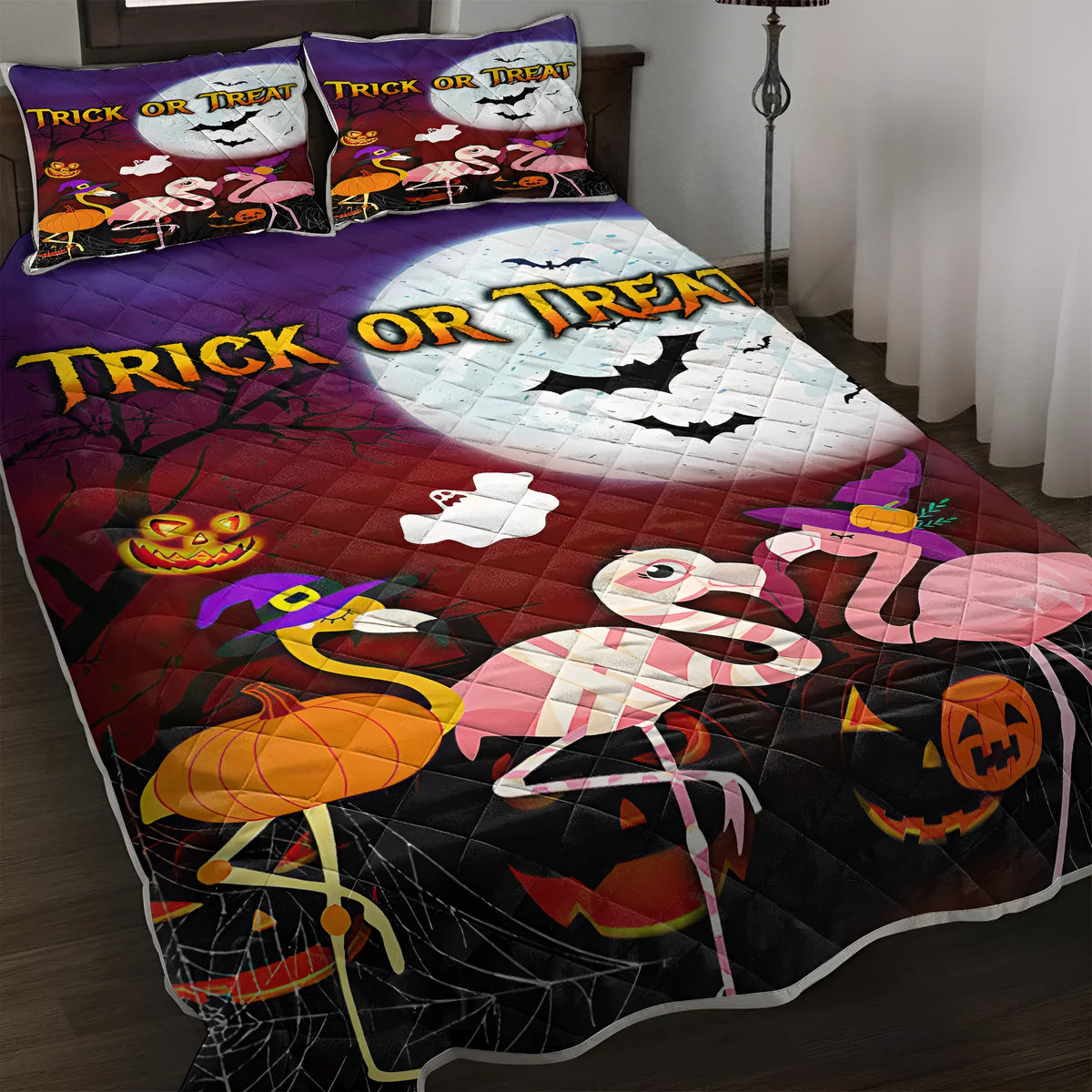 Purple 3D flamingo patterned bedding set with 1 quilt and 2 pillow shams on a bed, microfiber material, multiple sizes available