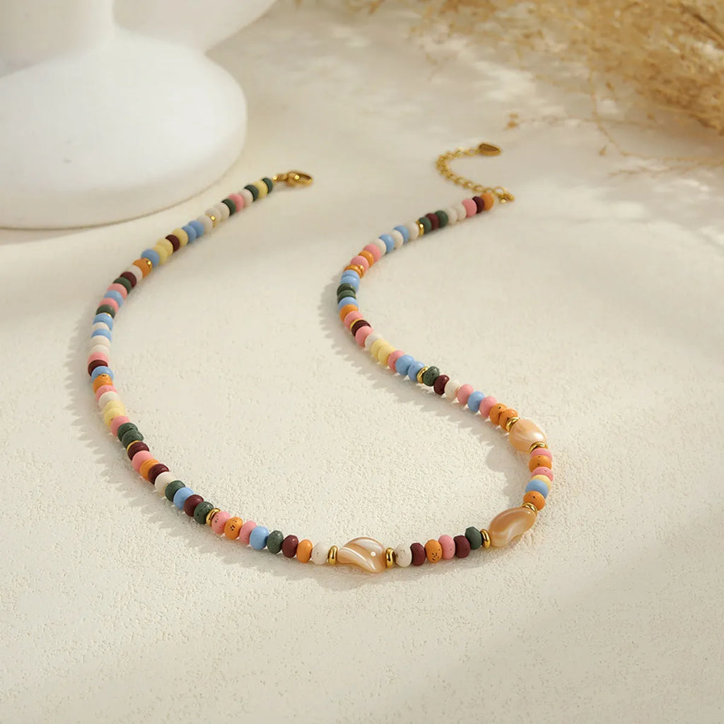 18K gold plated stainless steel necklace with natural stone beads geometric pendant women's jewellery