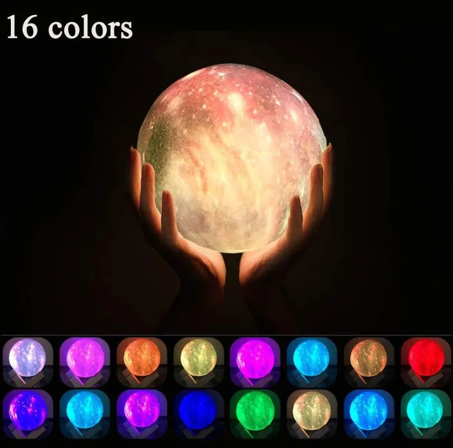 White spherical lunar night light with textured surface and glowing LED illumination on a dark surface.
