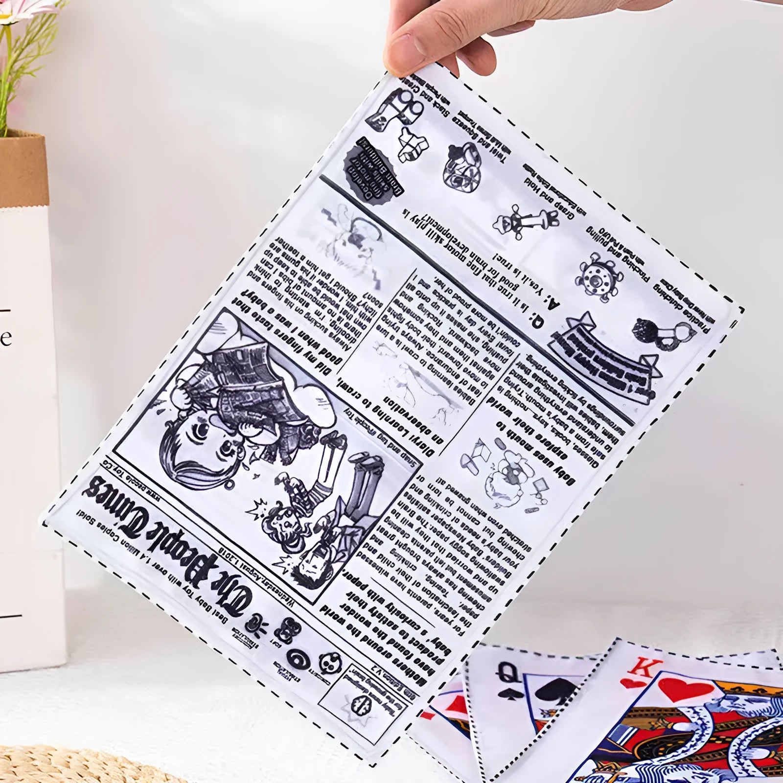 Realistic newspaper texture dog toy that produces squeaking sounds during play