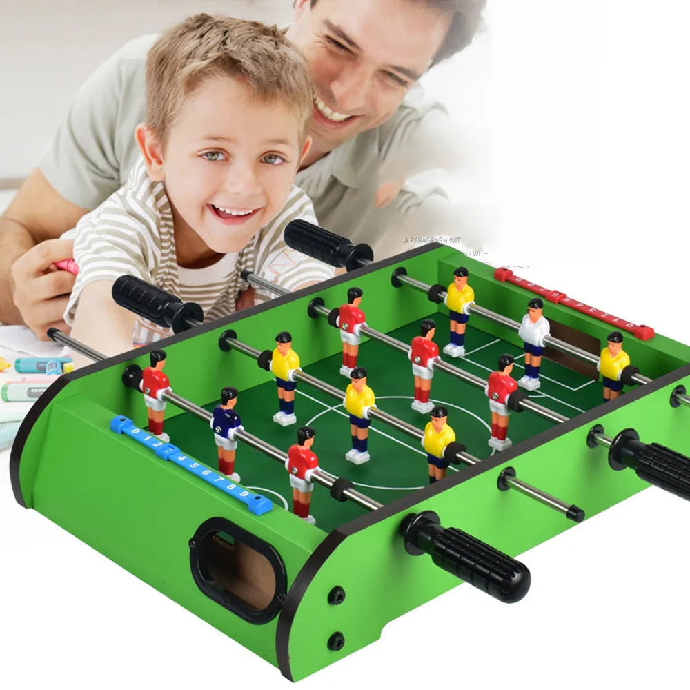 Wooden table football machine with two-person play handles, designed for children and adults.