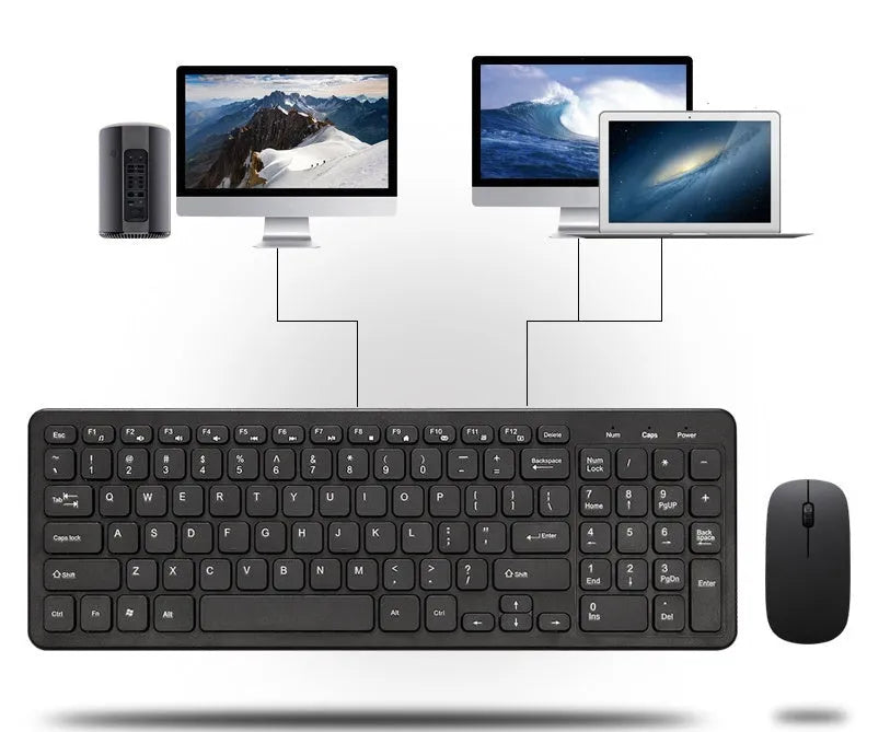 Black, white, pink, and blue wireless keyboard and mouse set with a micro USB receiver on a desk.