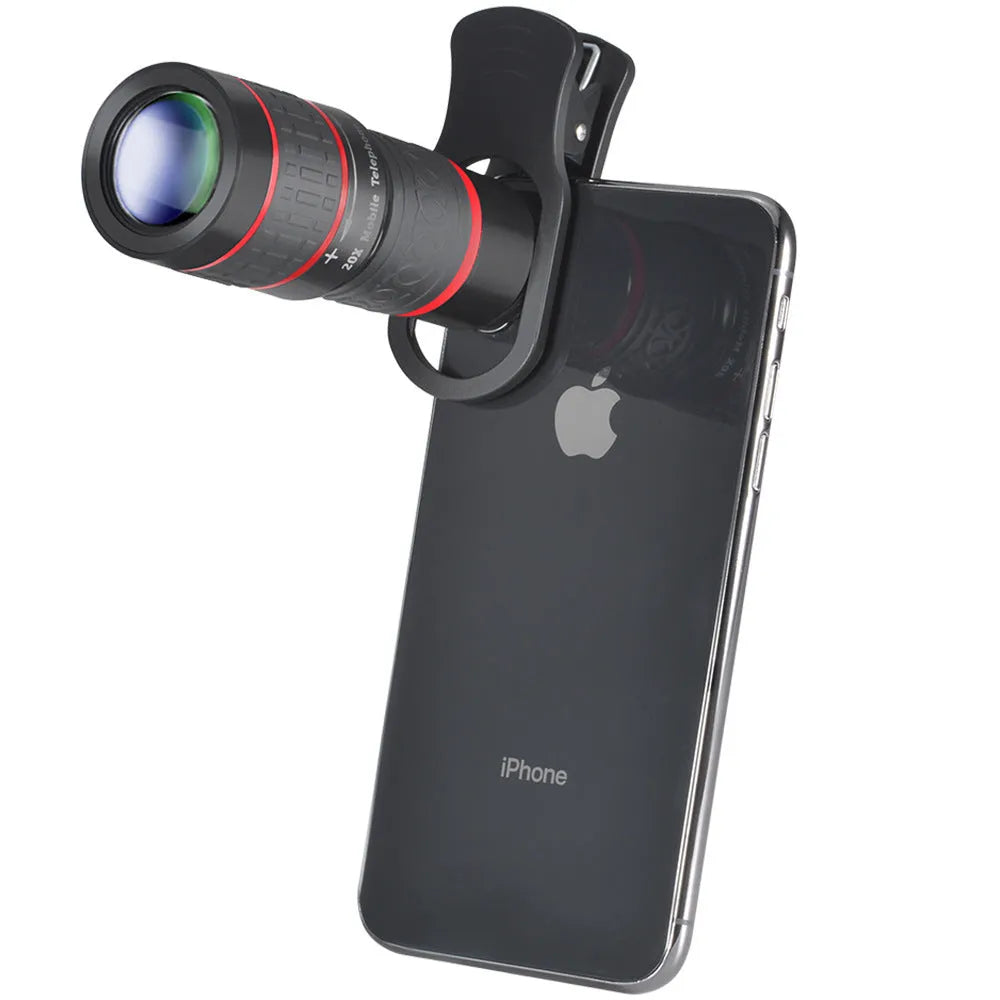 20x magnification cell phone telescope lens with universal clip and single eye mask on a smartphone.