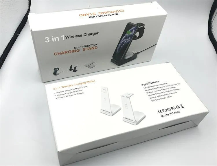 Black foldable 3-in-1 wireless charger showing phone, watch and headphone charging areas