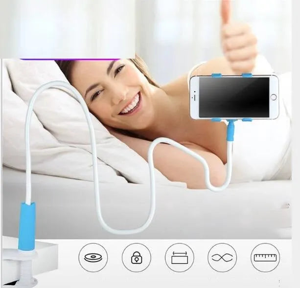 Lazy mobile phone bracket with spiral clip base and bendable alloy pipe in blue or pink, 80cm to 138cm