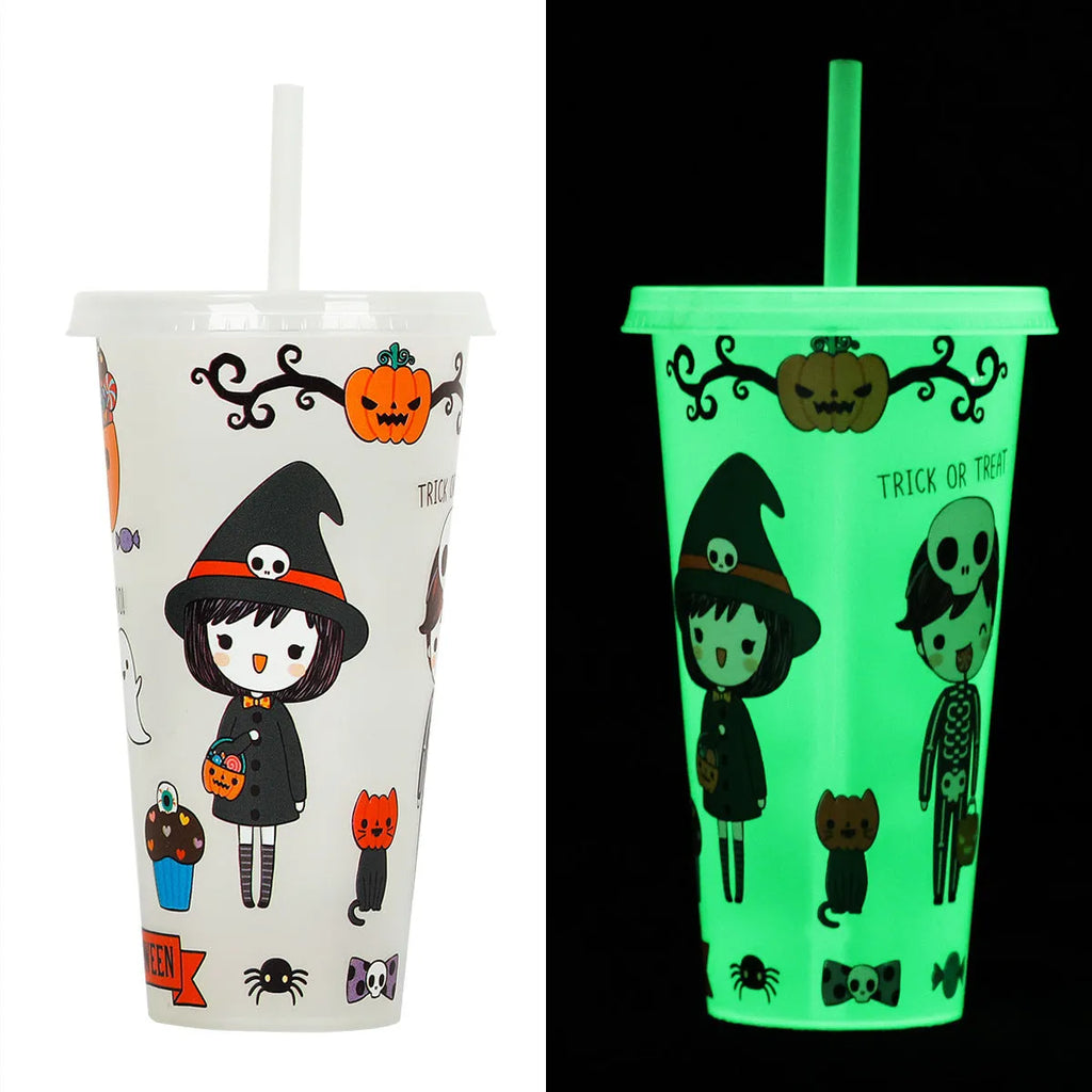 720ml orange Halloween pumpkin plastic cup with luminous straw on a dark background.