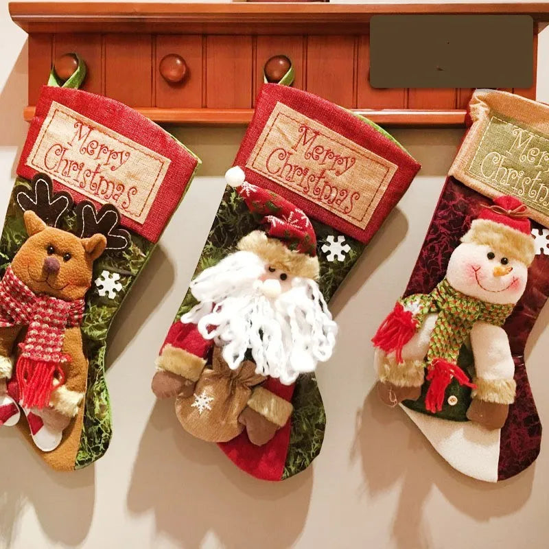 Red burlap Christmas stocking with 3D applique snowman design and fluffy white trim