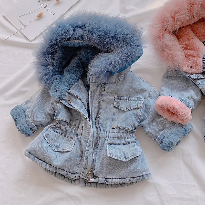 Blue denim coat for a girl with a non-removable hood and pink lining visible.