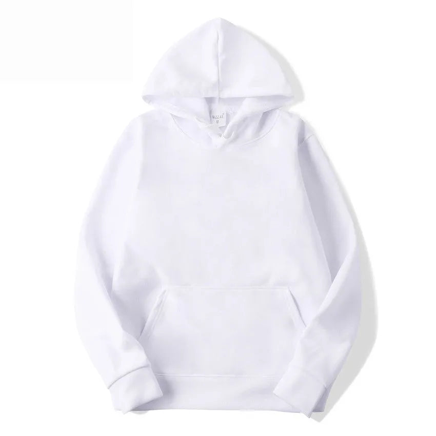 White unisex cotton blend hooded pullover showing front view.
