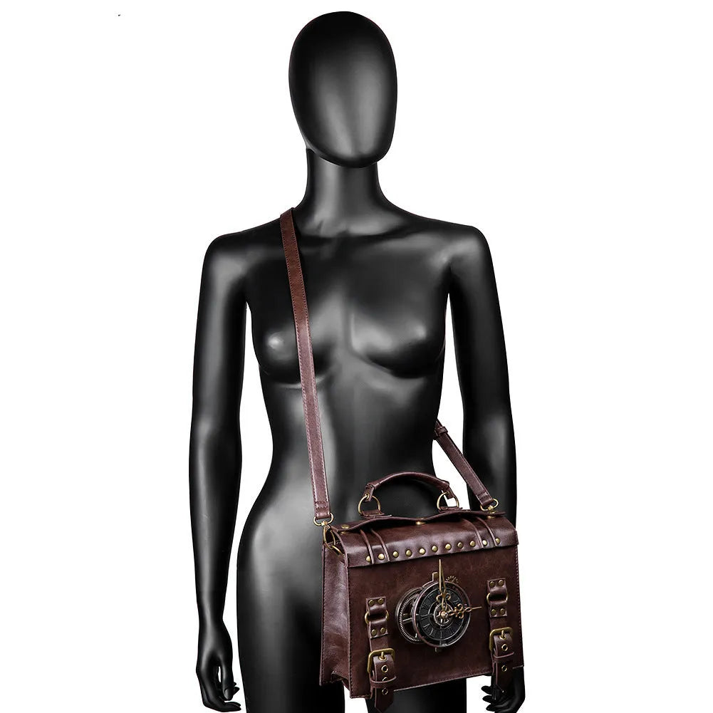 Bronze steampunk industrial retro style shoulder bag with metal hardware on a horizontal square pillow shape