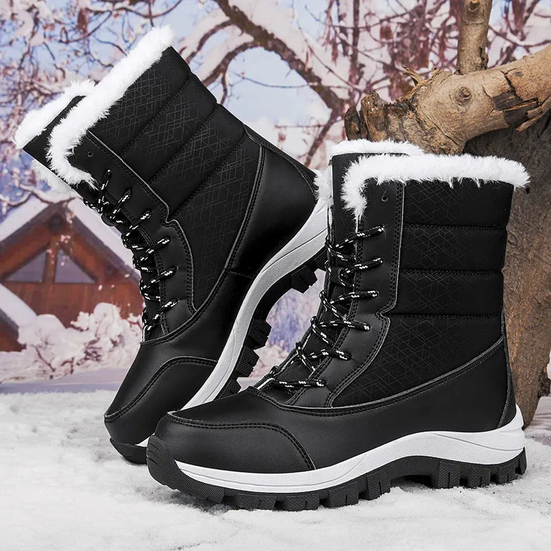 Women's fleece lined padded winter snow boots in black with rubber sole and front lace-up