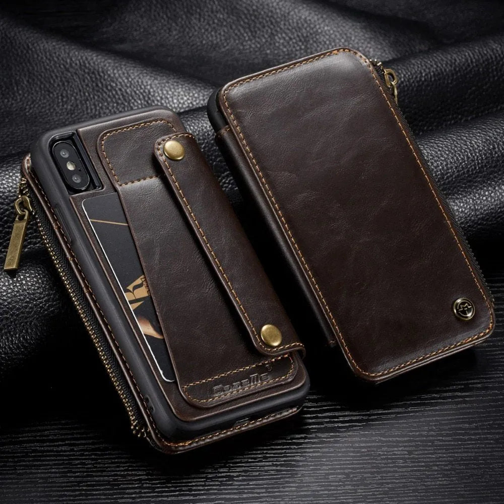Black PU leather flip phone case open, showing Samsung Galaxy Note9 securely fitted inside.