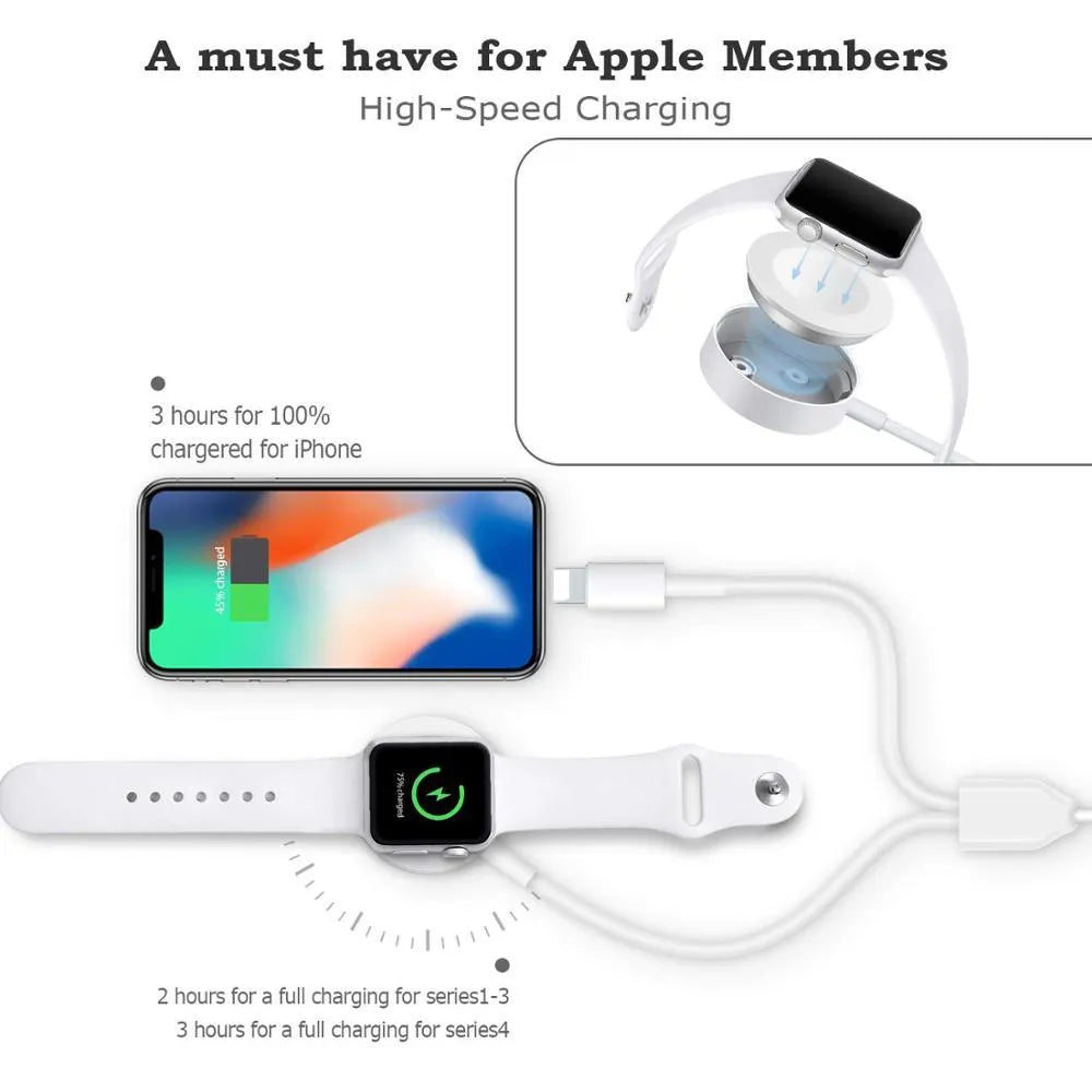White two-in-one wireless watch charger with USB connectivity for 5V charging