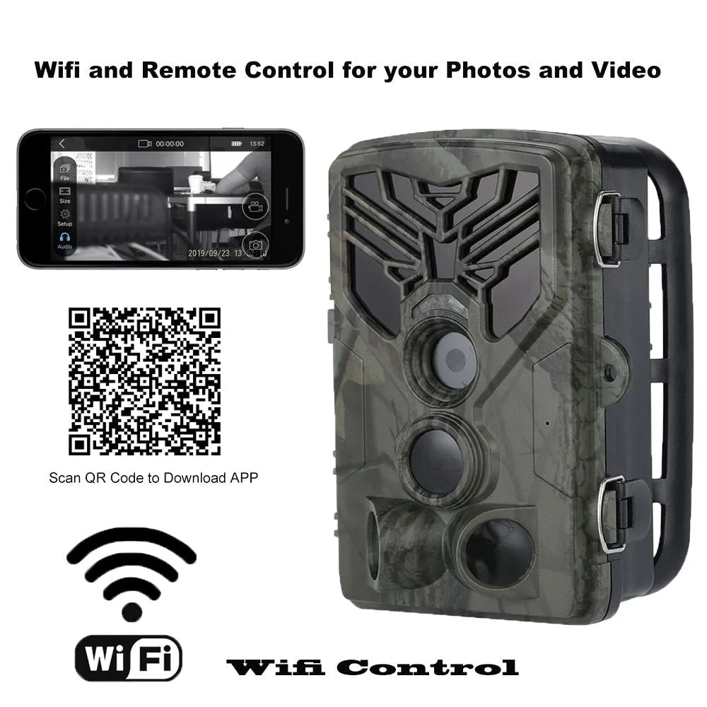 Wifi830 trail camera with camouflage pattern showing lens, infrared LEDs, and belt mount
