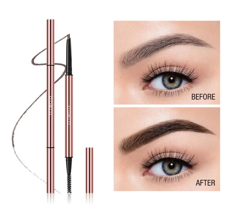 Eyebrow make-up pencil in a colour box with six shade options including Auburn and Dark Brown.