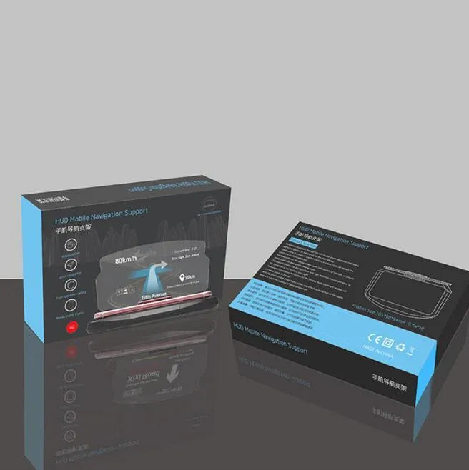 Black car HUD navigation bracket with reflective film and 3M adhesive feet on a dashboard