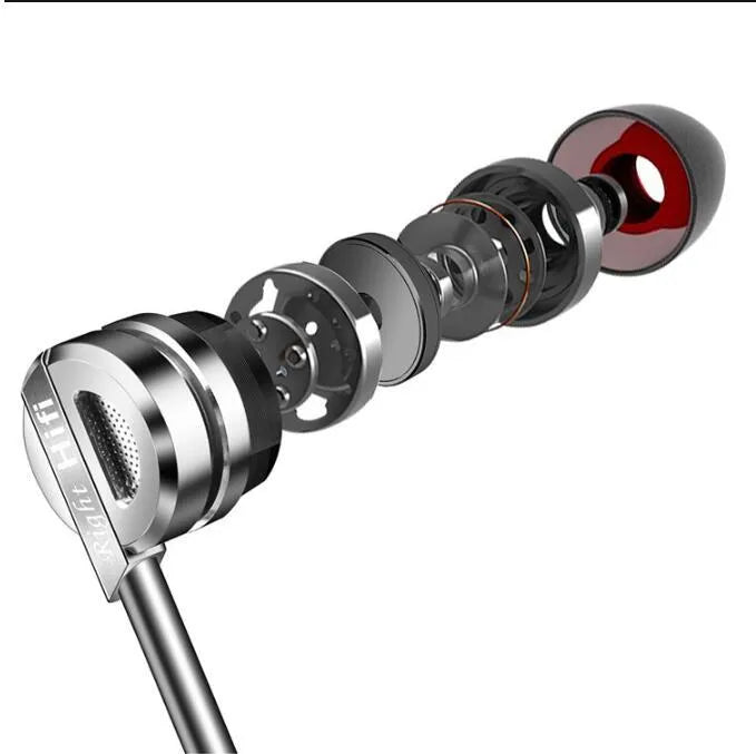Black metal in-ear headphones with smart wire control and microphone for mobile phones