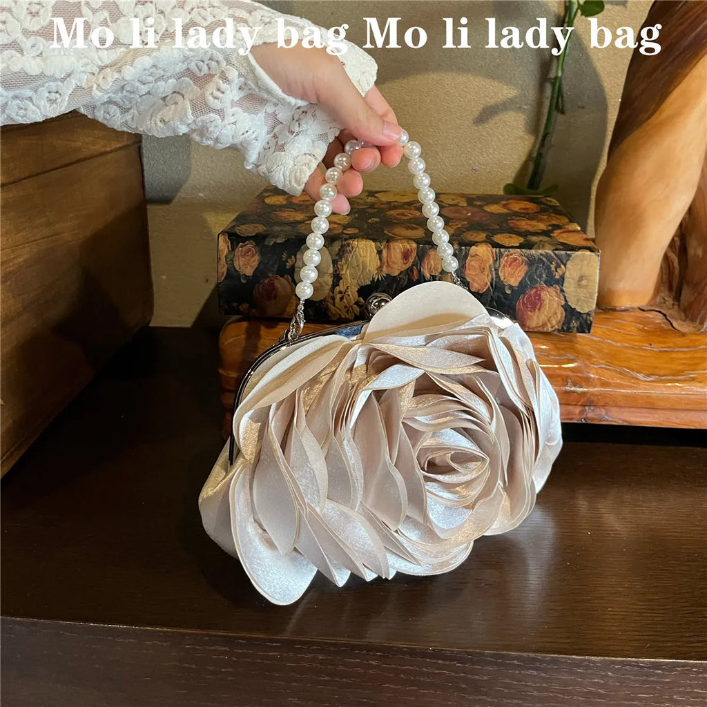 Chinese retro dinner bag flower clutch with pearl chain in black, white, or champagne, square vertical polyester bag