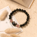Black obsidian 8mm bead stretch bracelet with silver kitty charm accessory
