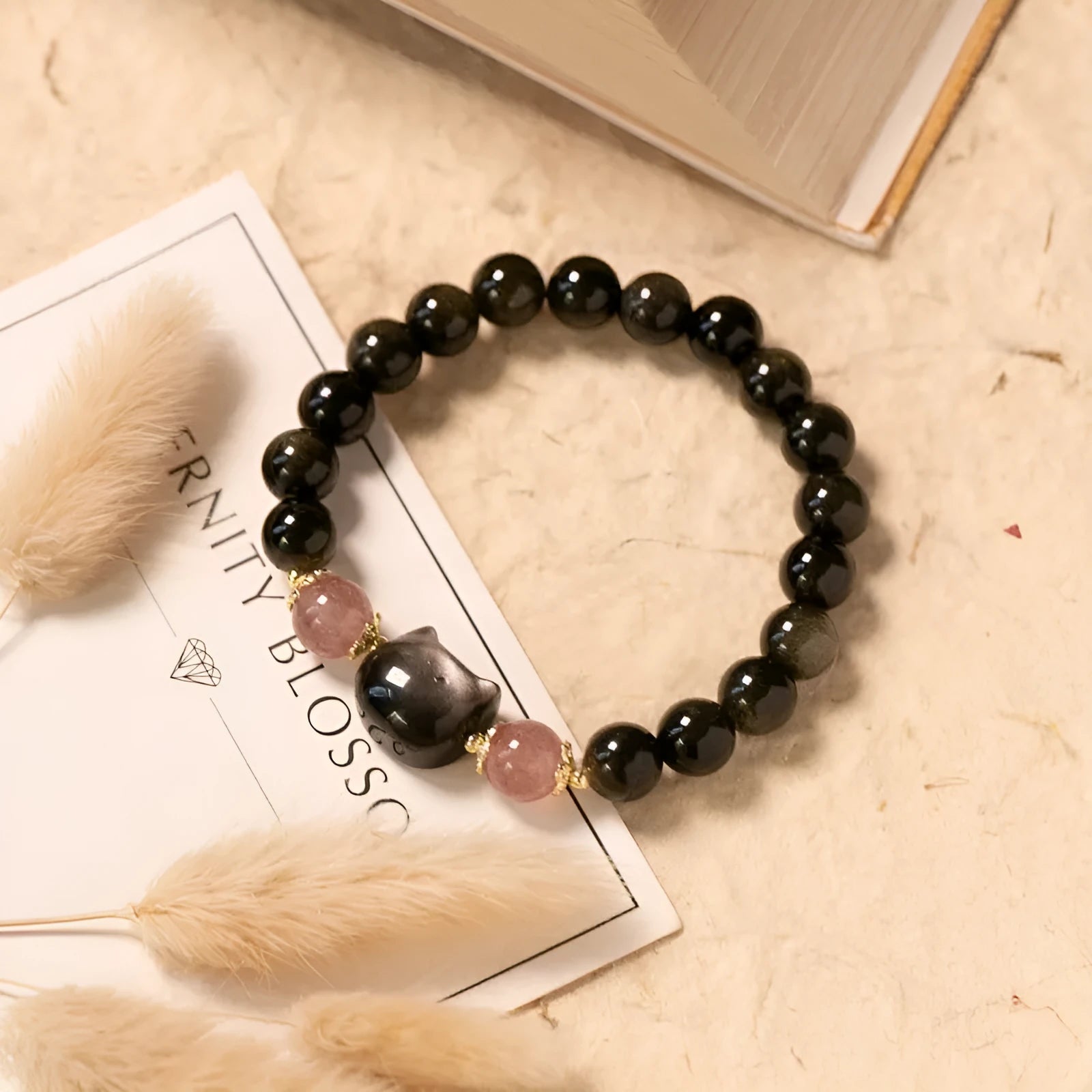 Black obsidian 8mm bead stretch bracelet with silver kitty charm accessory