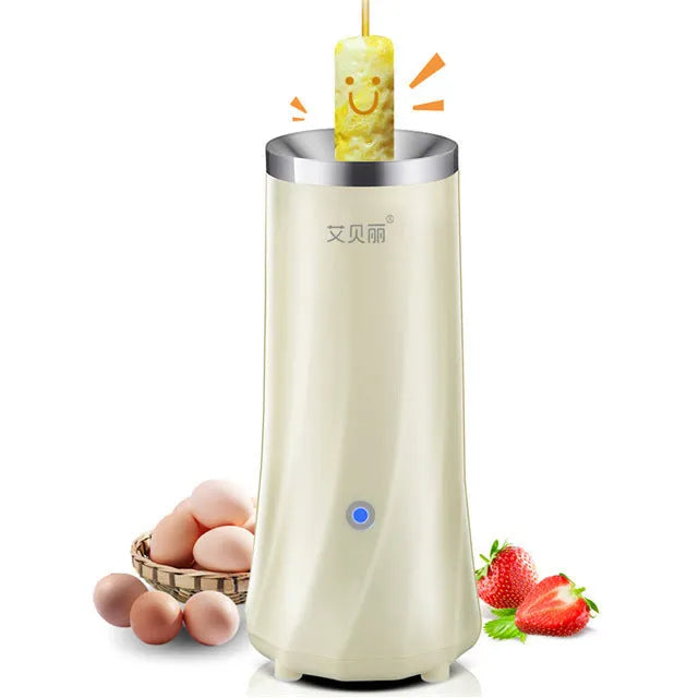 Beige white and green mini breakfast machine on a kitchen countertop.