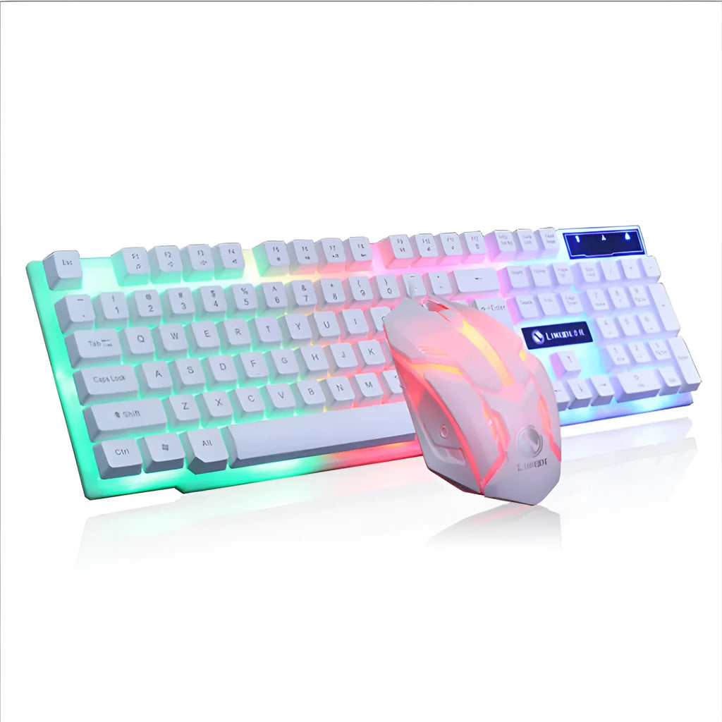 Limei Gtx300 backlit gaming keyboard and mouse set in multiple colour options on a desktop