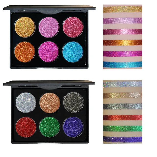 Sequin eye shadow tray with 6 colours in a 10 cm by 7.8 cm by 0.9 cm palette