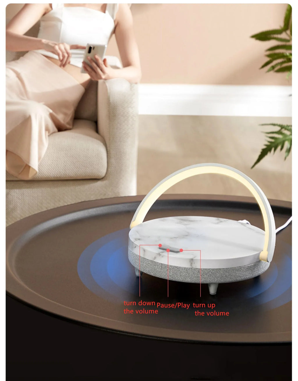 Multi-function wireless charging night light with Bluetooth speaker in marbling colour, ABS+PP build, 191x203x55mm