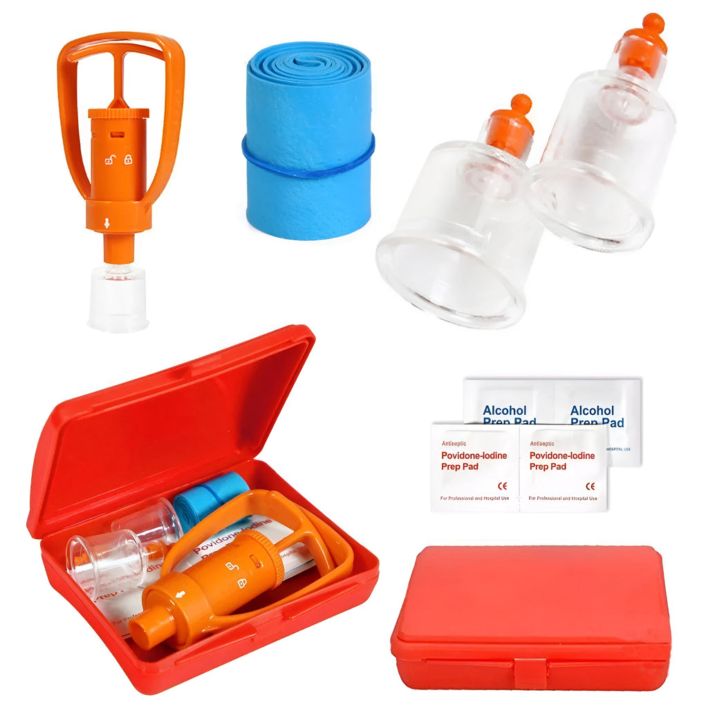 Orange plastic outdoor venom suction device kit open to show pump, two suction cups, tourniquet and swabs.