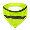 Yellow and orange reflective dog bandana with adhesive strap, shown on a dog's neck.
