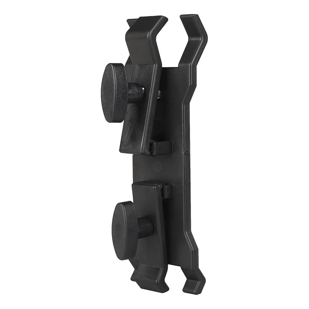 Black ABS plastic umbrella clip for mounting on a camera tripod quick release plate.
