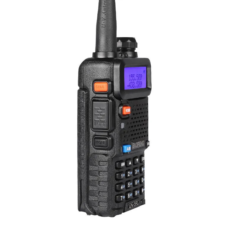 A black dual-band walkie talkie with antenna, showing its compact 110x58x32 mm size.