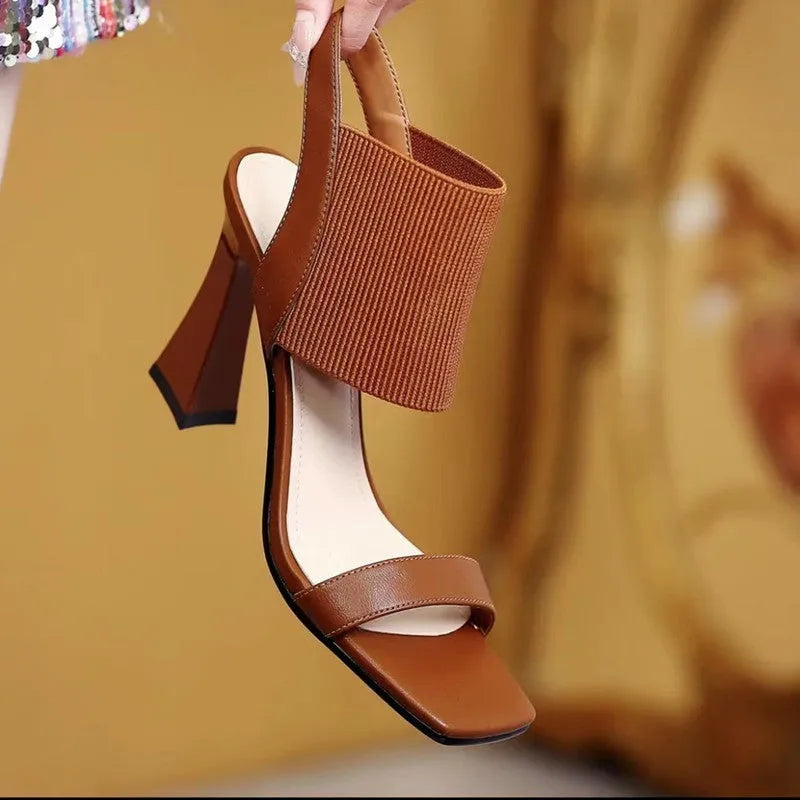Women's high heel sandals with elastic straps in black, brown and milky white colours