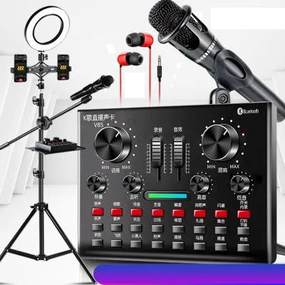 Universal condenser microphone with V8S sound card, earphone, optional handheld or bottle mic, black pink silver colours