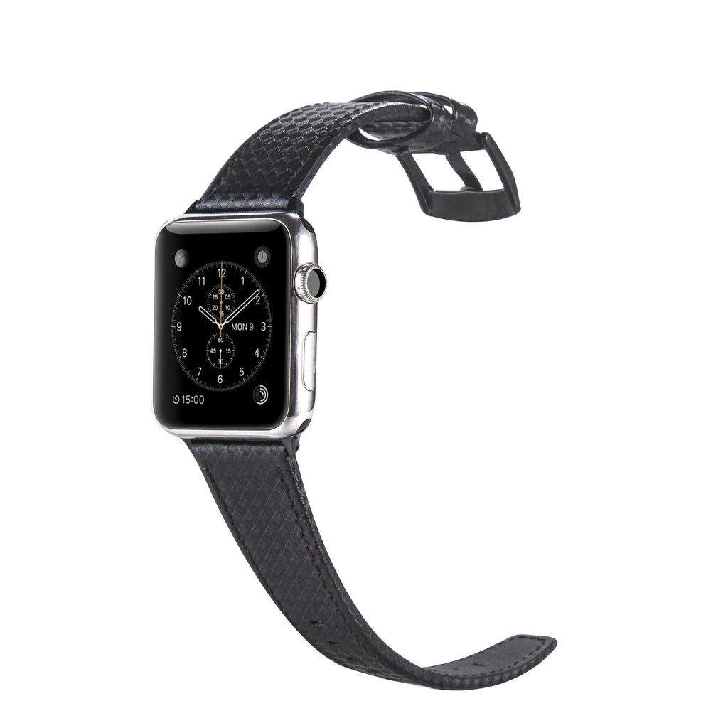 Apple Watch case with leather strap and carbon fibre elements in four colour options