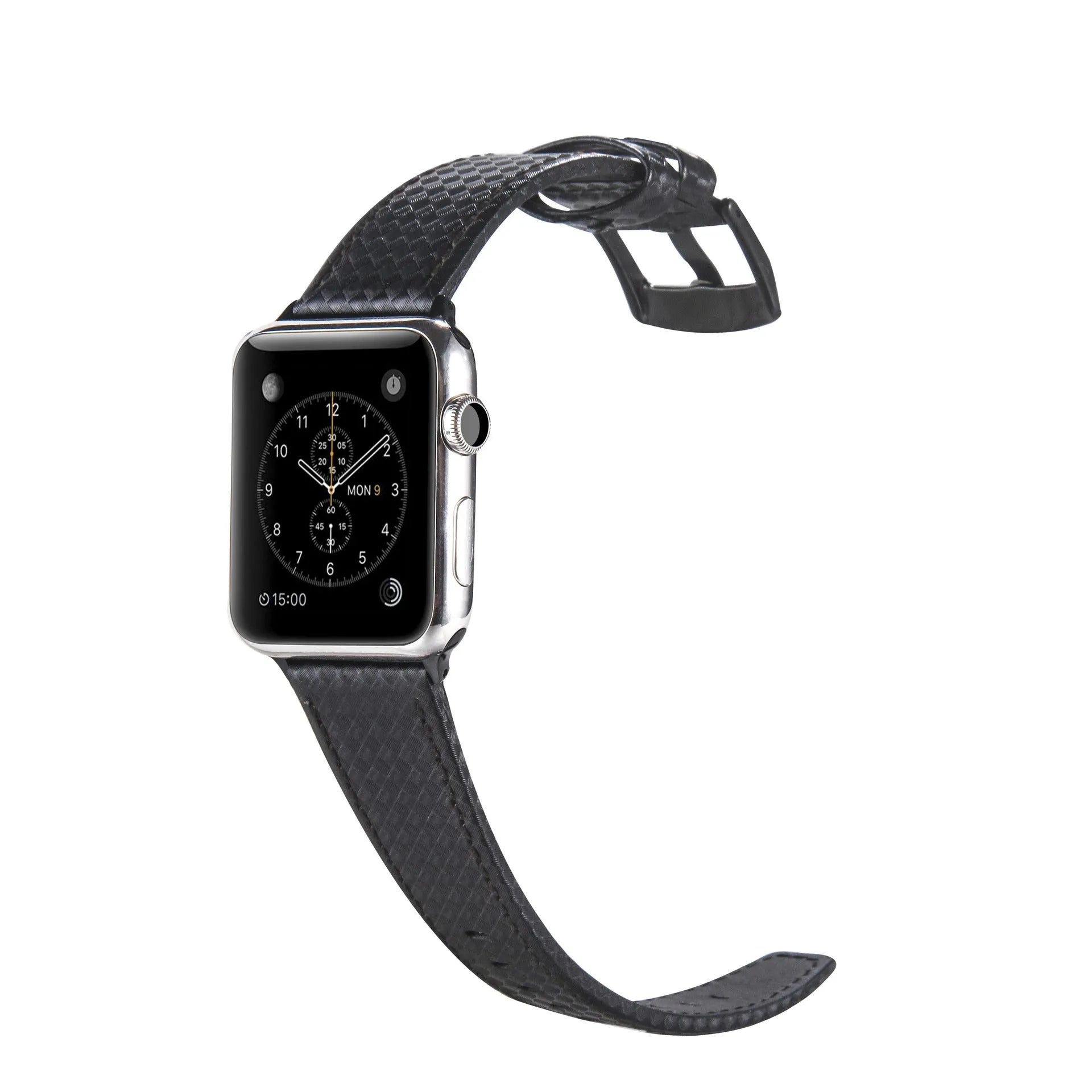 Apple Watch case with leather strap and carbon fibre elements in four colour options