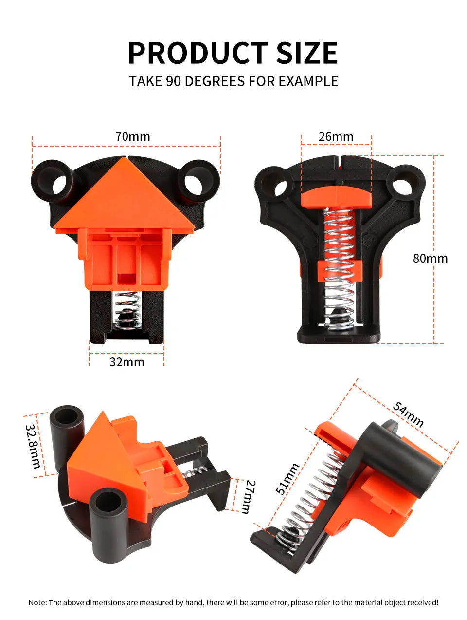 Set of four white plastic 90-degree right-angle clamps for picture frames on a workbench.