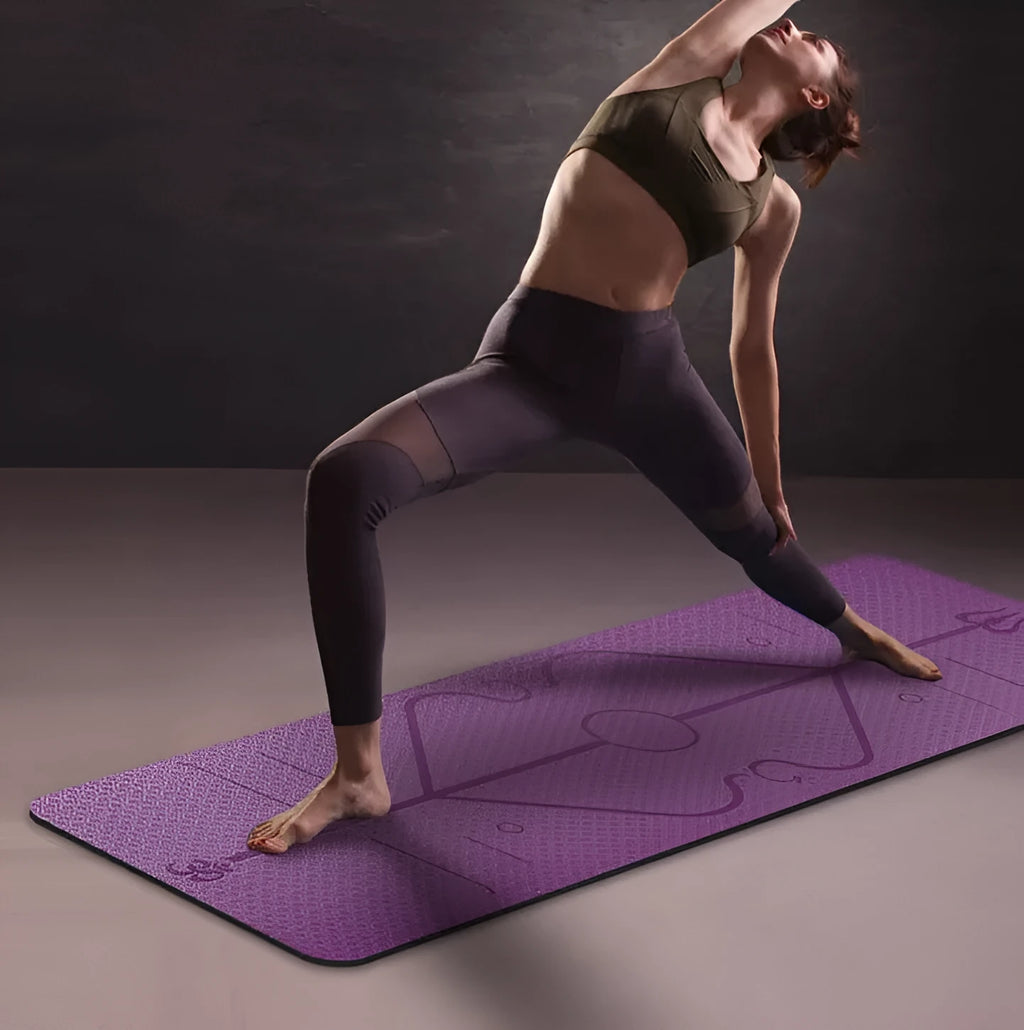 Non-slip TPE yoga mat 6mm body position line in bamboo blue