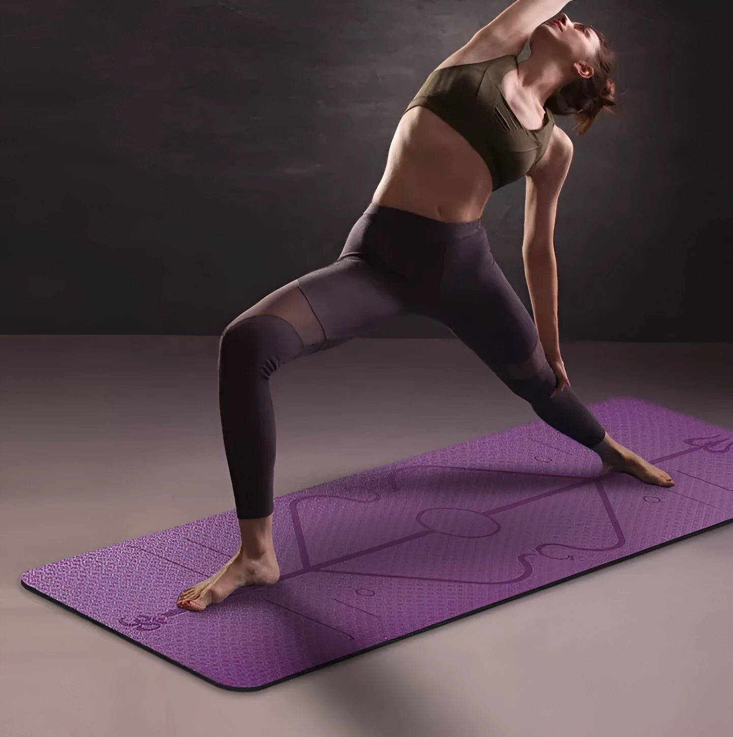 Non-slip TPE yoga mat 6mm body position line in bamboo blue