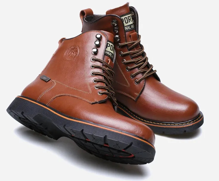 Men's black leather Martin boots with embossed cow split leather, mid-calf, front strap, thick heel, waterproof platform