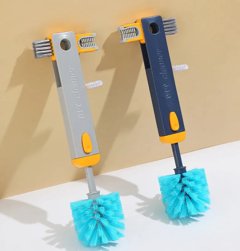 Blue and grey multifunctional bottle gap cleaner brush set with four cleaning heads