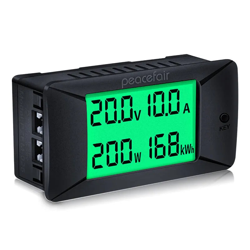 DC digital display voltmeter and ammeter with wiring, compact black housing.