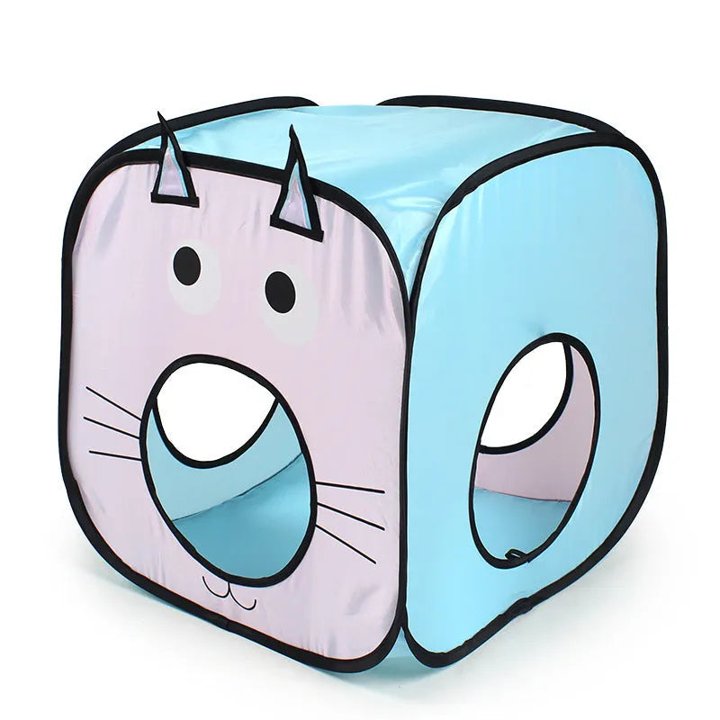 Foldable grey cat tent and tunnel toy with colourful cat and fish pattern graphics.