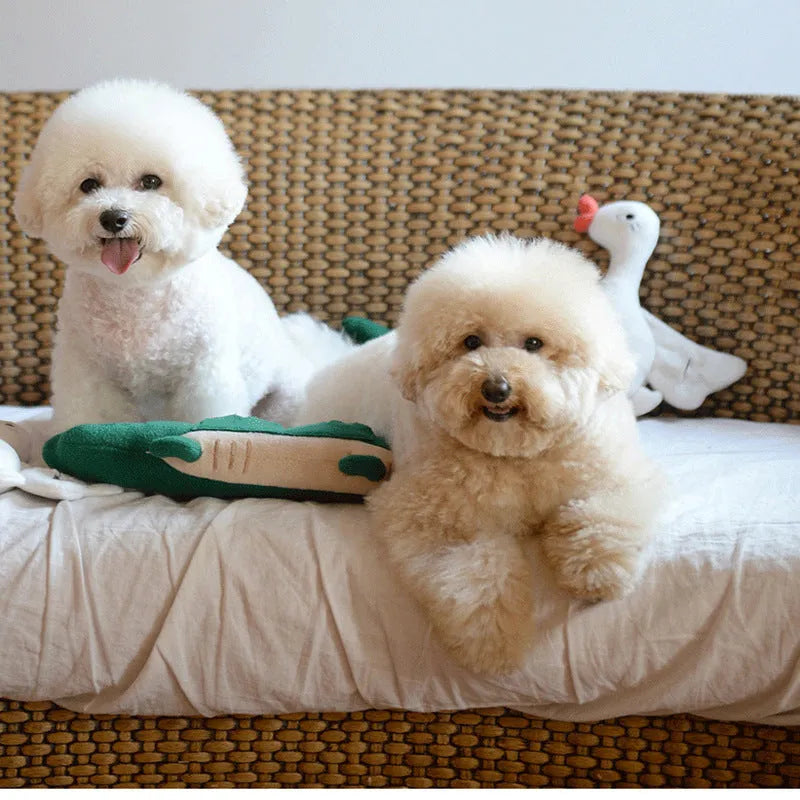 Green durable plush toy dog interactive pet toy measuring 35cm by 18cm