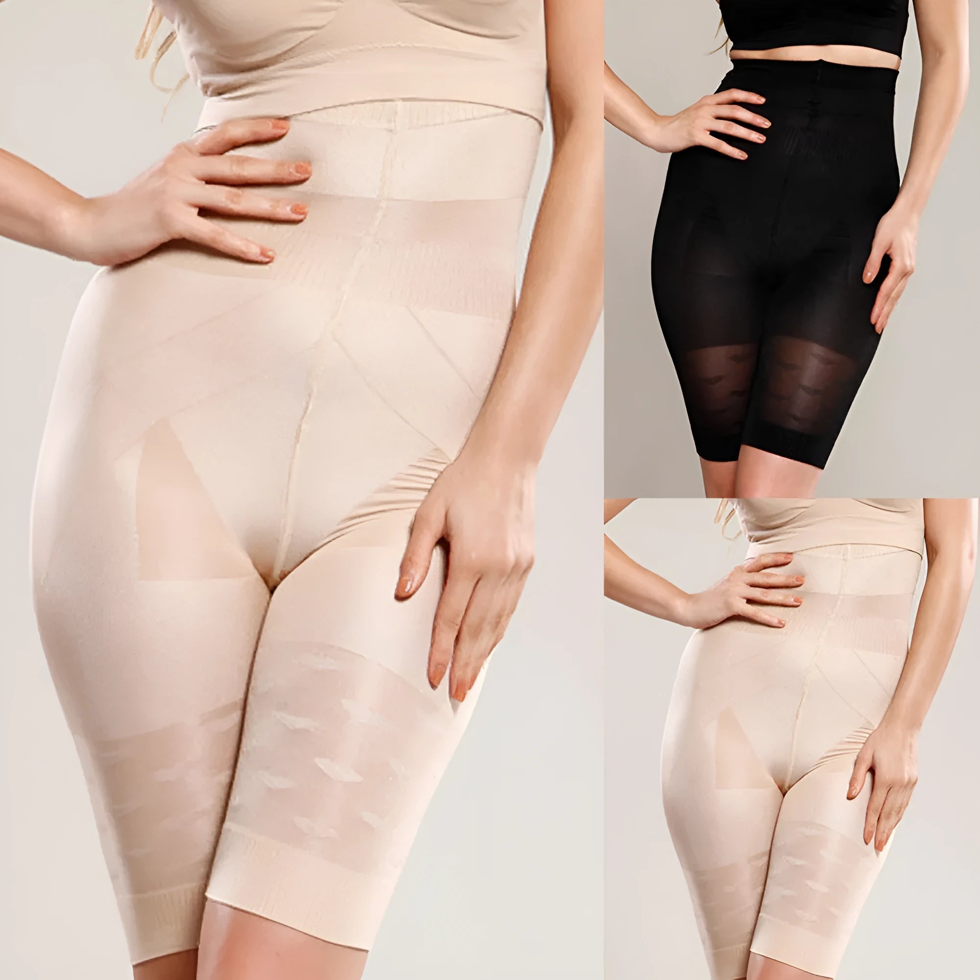 Black seamless high-waist shapewear shorts laid flat, showing the tummy control panel and leg openings.