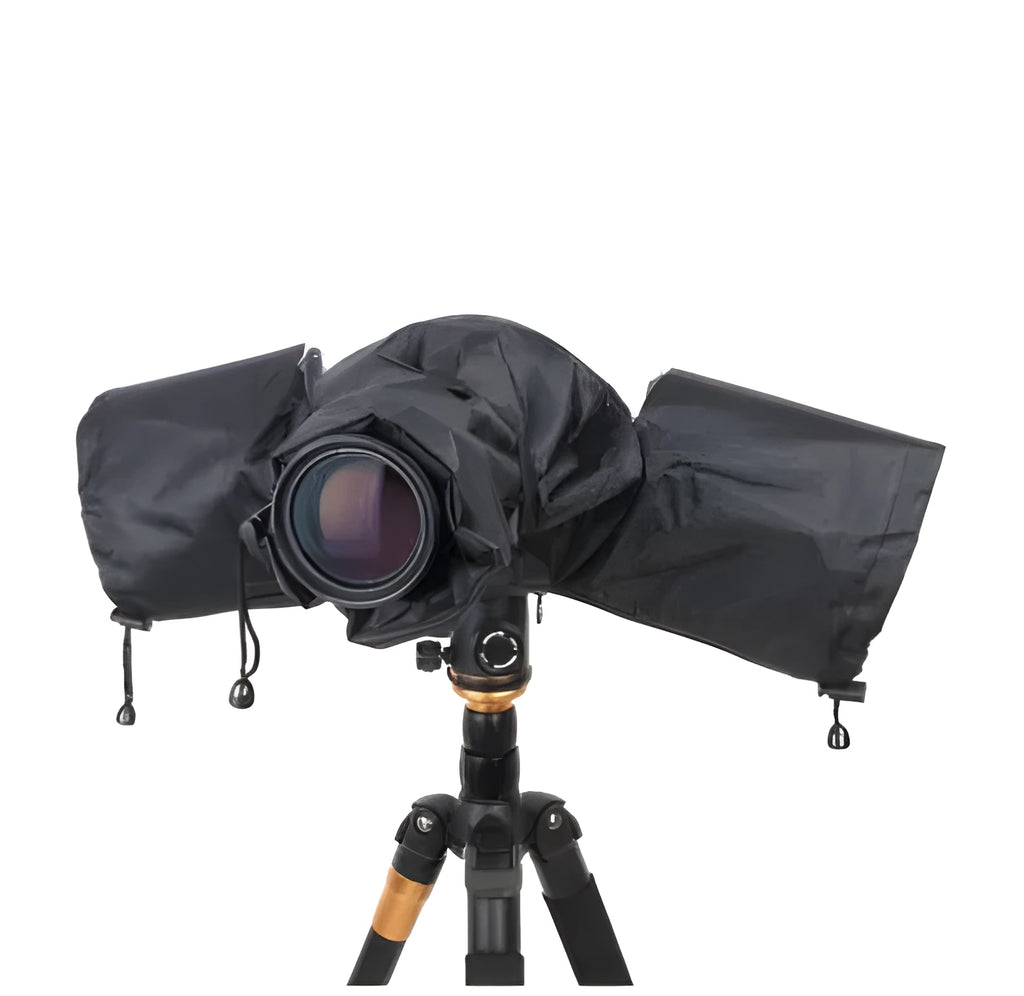 Waterproof rain cover fitted over a DSLR camera with a long telephoto lens attached.