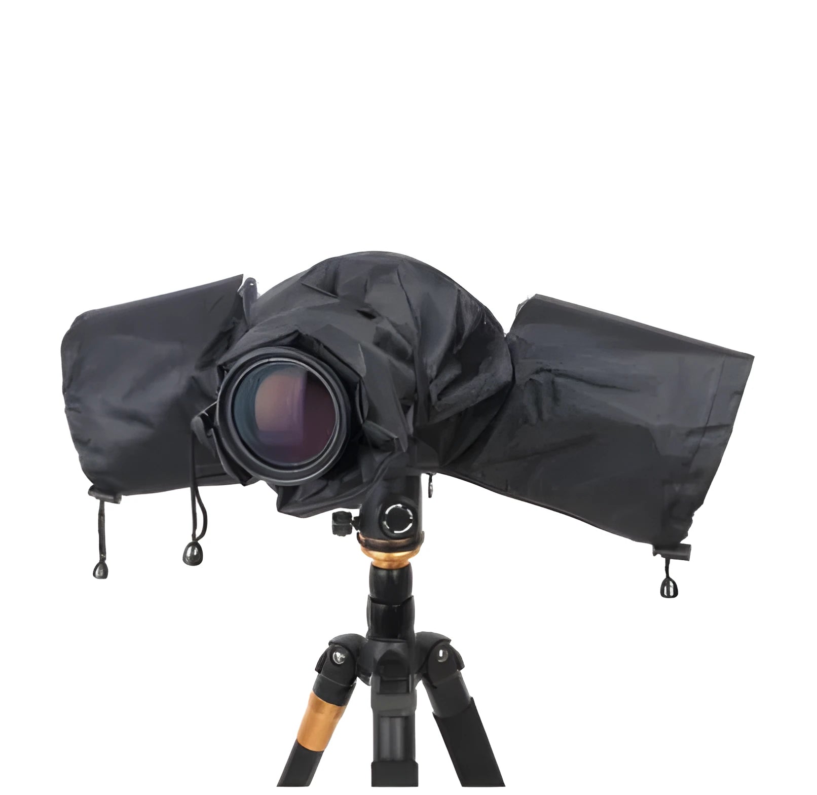 Waterproof rain cover fitted over a DSLR camera with a long telephoto lens attached.