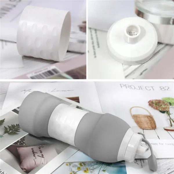Blue silicone folding water bottle shown extended and collapsed, with 580ml capacity mark.