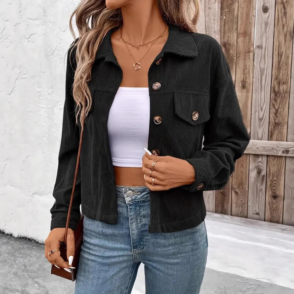 Women's artistic retro long sleeve shirt coat jacket in polyester fabric with loose fit design