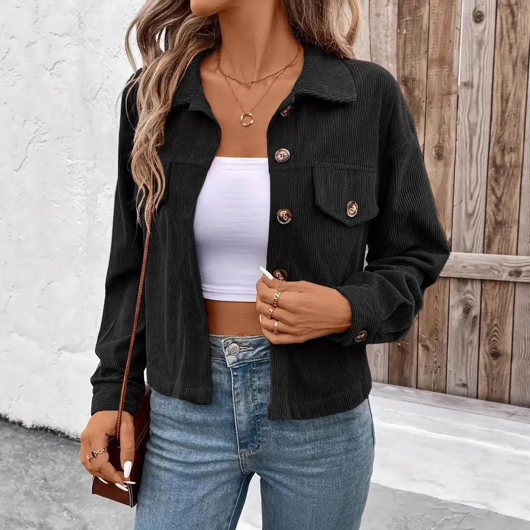 Women's artistic retro long sleeve shirt coat jacket in polyester fabric with loose fit design